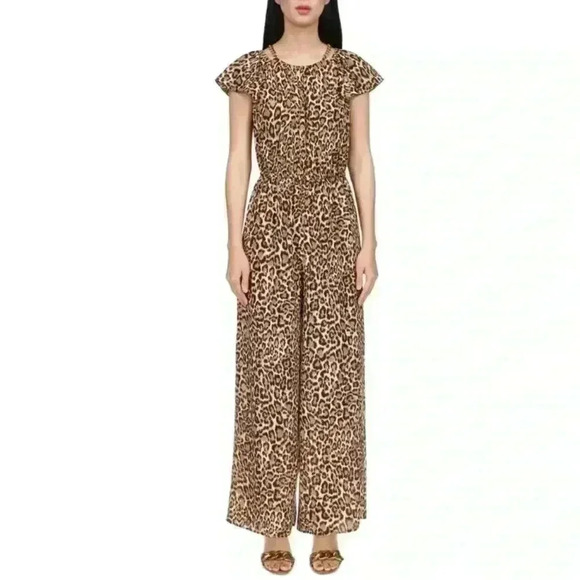MICHAEL KORS Cheetah Flutter Sleeve Wide Leg Jumpsuit Small offices iren Mobwife - Picture 1 of 16